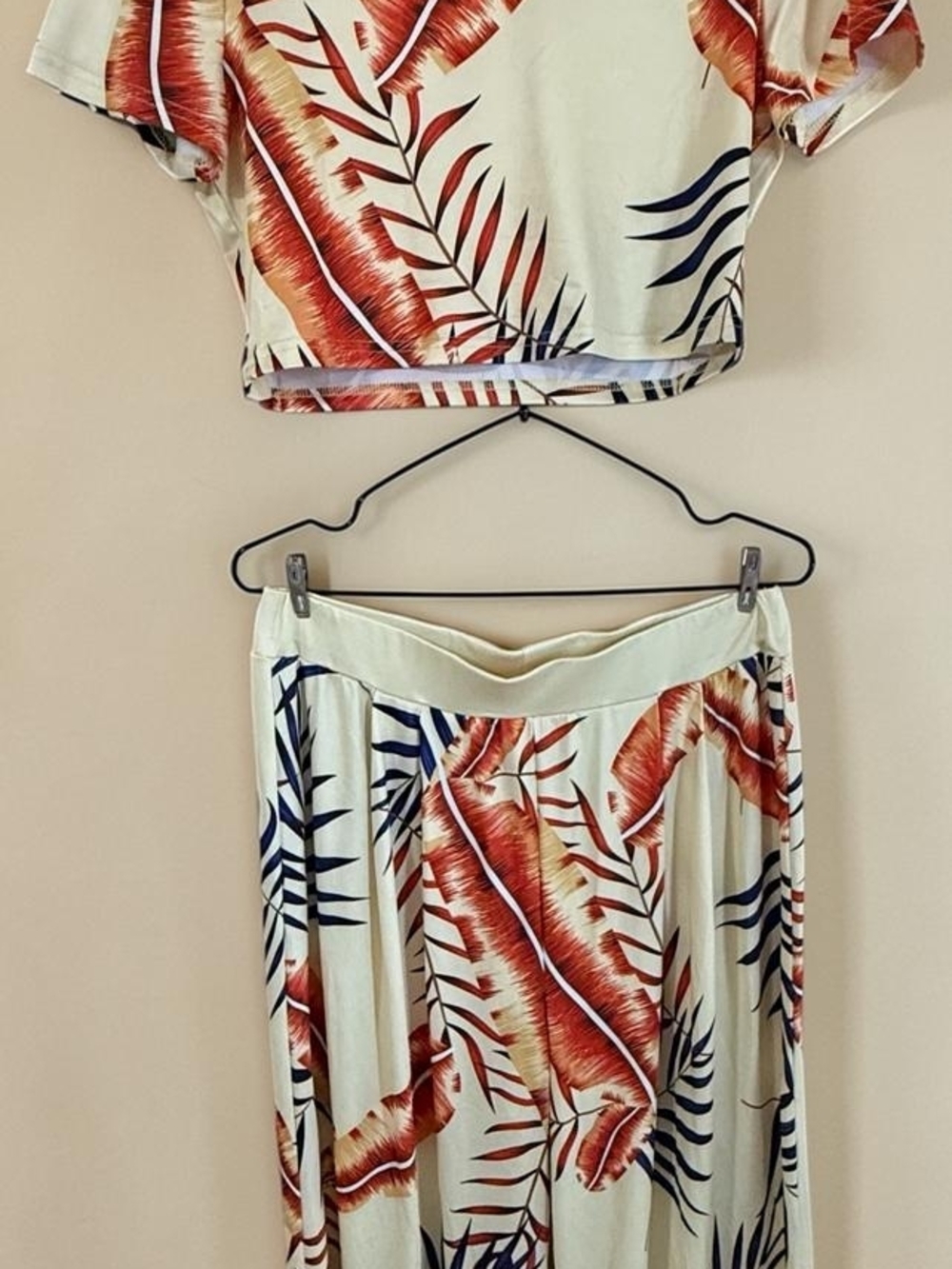 Tropical Leaf Print Two-Piece Set in Cream, Rust & Navy